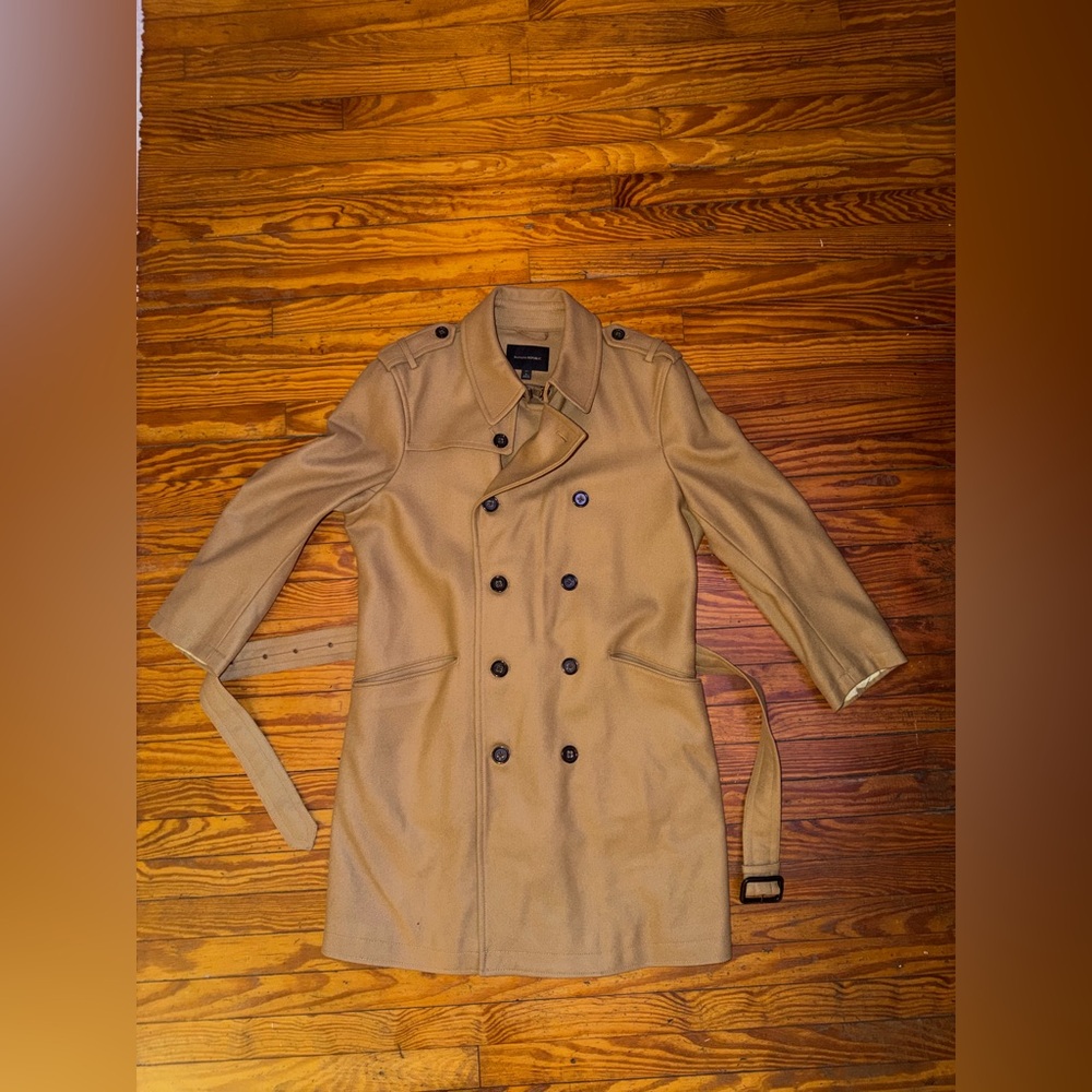 🆕🐫🤎 BANANA REPUBLIC Luxury Italian Fabric Double Breasted Wool Camel Pea Coat